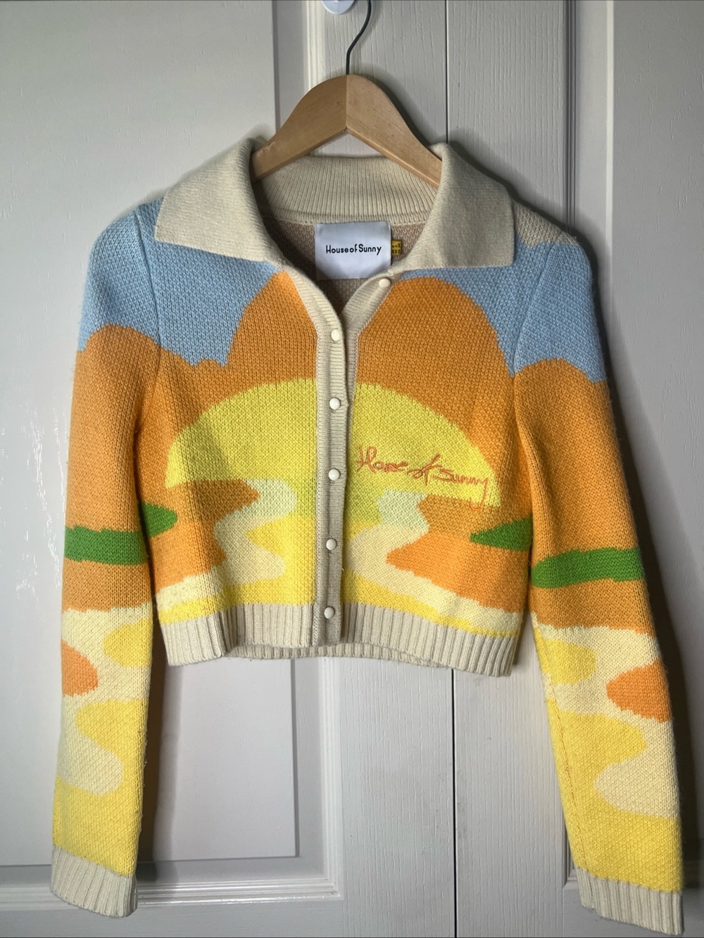 House of Sunny Cream-Collar Scenic Knit Cardigan in Yellow, Blue & Orange